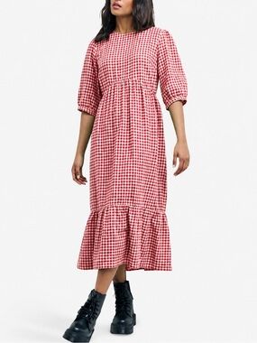 Nobody’s Child Gingham Rachel Midi Dress Red White Cottagecore Prairie Peasant
